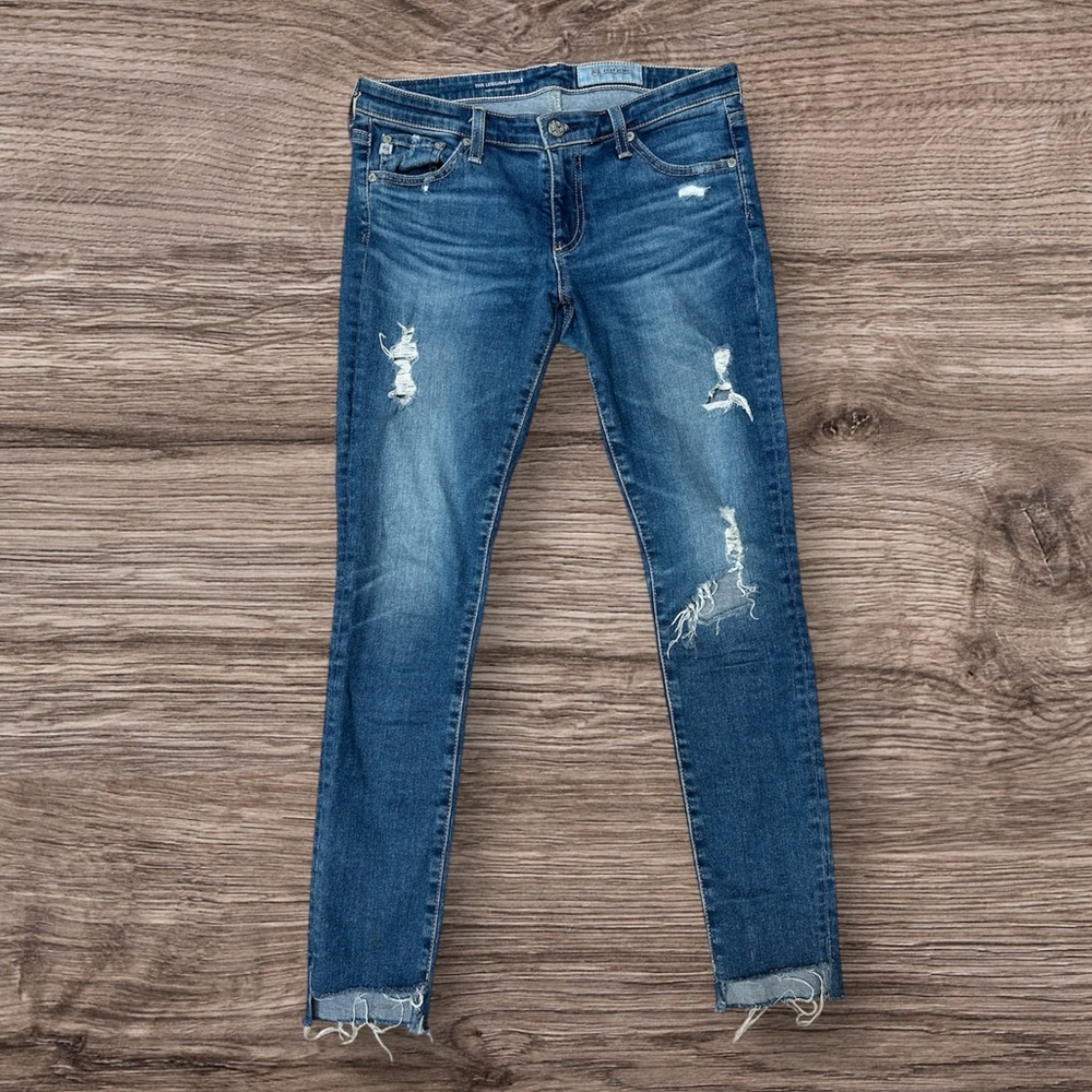 Ag Adriano Goldschmied Blue Super Skinny Ankle Jeans with Distressed Details